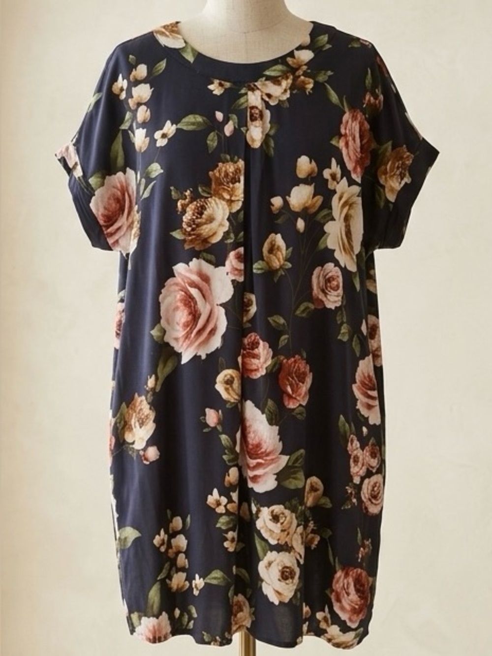 Andree by UNIT| Pink & Cream Rose Oversized Dark Teal Mini T-Shirt Dress Sz S